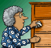 Drawing of an older woman wipe staining a dresser.